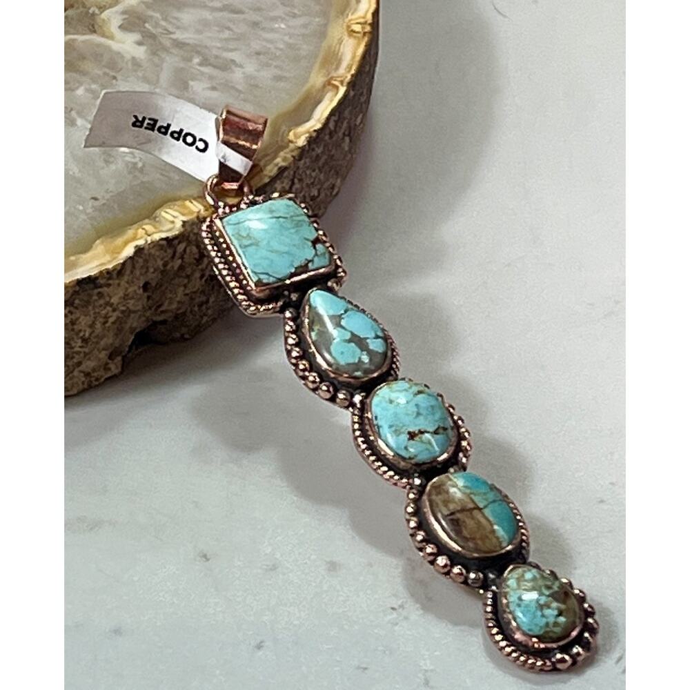 Southwestern No. 8 Mine Turquoise Five Stone Copper Statement Pendant 3.5” - Picture 5 of 16